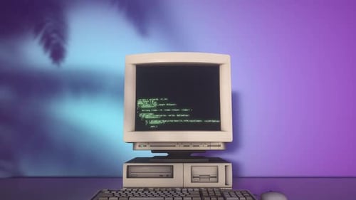 Écran d'ordinateur rétro vintage des années 80 et 90 avec animation de piratage de code vert sur l'écran