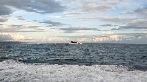 Luxury boats speeding through deep blue ocean with island in background, side view