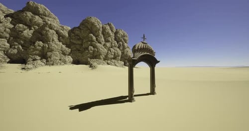 Paysage désertique avec une ancienne arche sous un ciel bleu clair