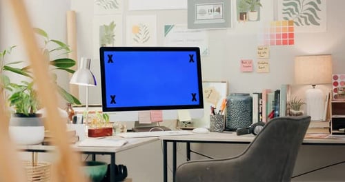 Office, monitor and computer with green screen, mockup and desktop placeholder for website design