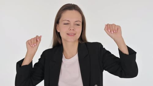 Smiling Woman Gesturing in a Black Blazer