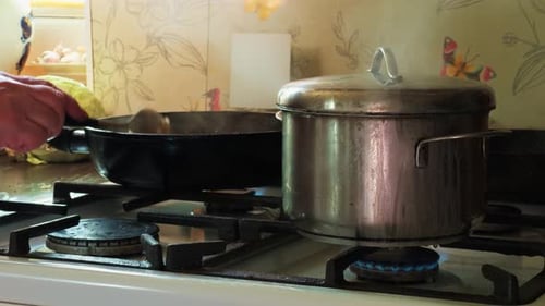 Cooking Meal on Gas Stove in Home Kitchen