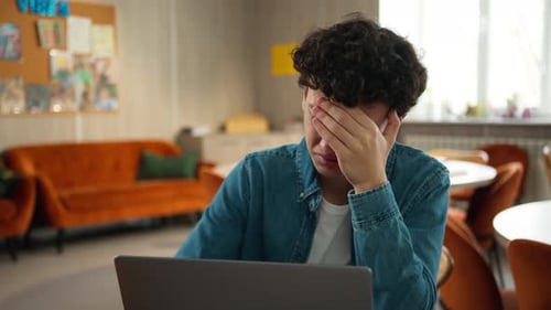 Tired Stressed Headache Overworked Sad Upset Caucasian Male Student Guy Pupil Boy Teen Teenager