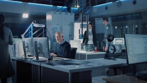 Engineers Working on Computers in a High Tech Office