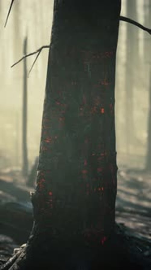 Foggy Day Reveals Tree Amidst Burnt Forest
