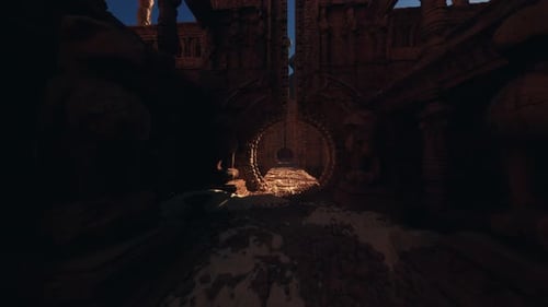 Ancient Stone Temple Ruins Tracking Camera Reveal