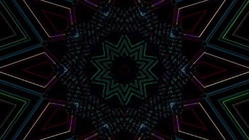 lines light with colorful shining brightly in the center of the circle, black background