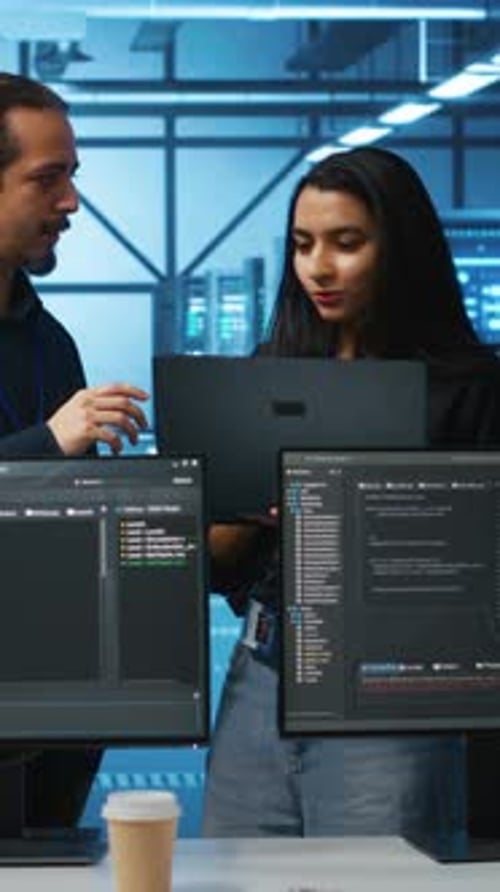 Team of Programmers Collaborating in Futuristic Server Room