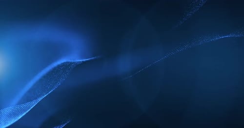 Abstract glowing wave from of particles and dots moves on a blue background, big data visualization