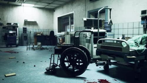 Abandoned Hospital Room with Broken Medical Equipment and Scattered Debris