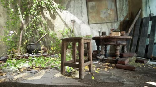 An Abandoned Room with a Chair and Table in a State of Devastation