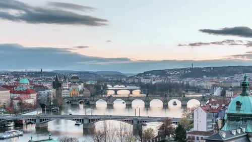 Sunset timelapse of Prague bridges including the famous Charles Bridge over the River Vitava