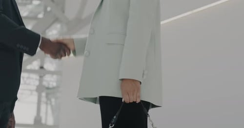 Closeup of Man and Woman Business Partners Shaking Hands Meeting in Office Building Expressing