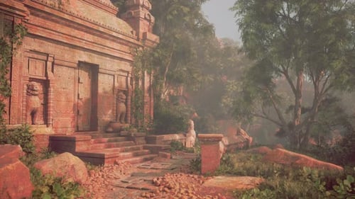 Ancient Stone Temple Amidst Towering Trees