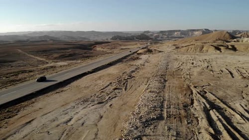 Cars in the desert Road, aerial view