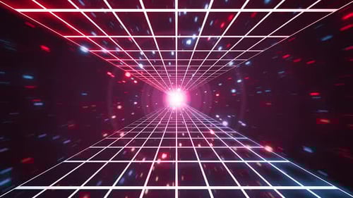 Futuristic Digital Grid Tunnel with Neon Glowing Particles Loop