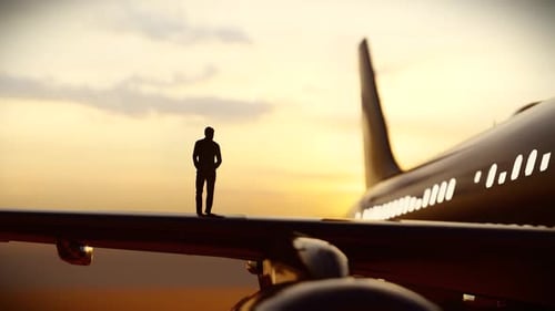silhouette successful businessman standing on private airplane wing