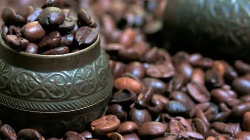 Coffee Beans with Vintage Grinder and Metal Bowl