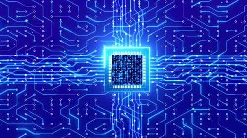 Digital Circuit Board with Glowing CPU and Data Flow Animation