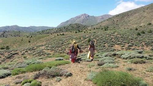 Vue aérienne de femmes et de filles vêtues de vêtements traditionnels transportant de la nourriture sur la montagne 2