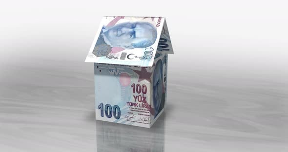 Turkish Lira 100 TRY money banknotes paper house on the table ...