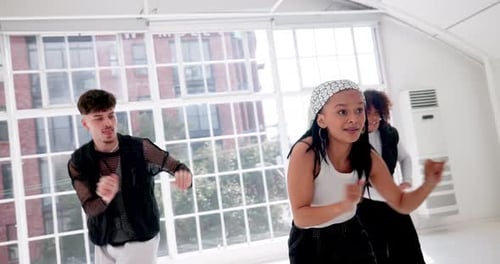 Dance, hip hop and music with people in studio for choreography, rehearsal or training together