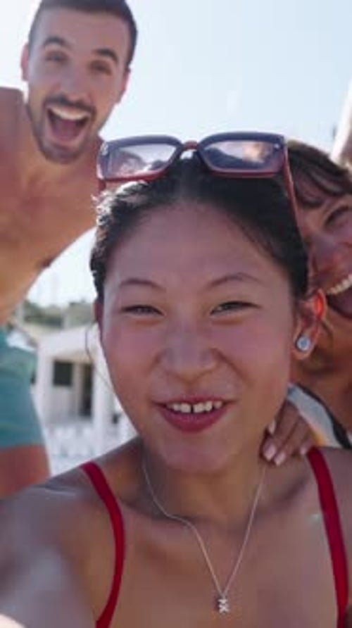 Social Media Selfie Video of Excited Group Joyful Multiracial Young People of Gen z at Beach