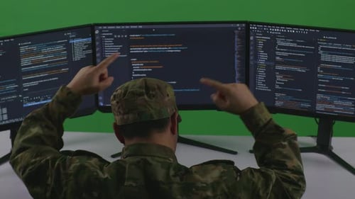 Asian Man Soldier Celebrating And Dancing While Write Code With Multiple Screens In Green Screen