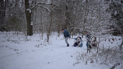 Adults Pull Sled With Friends in Snowy Forest