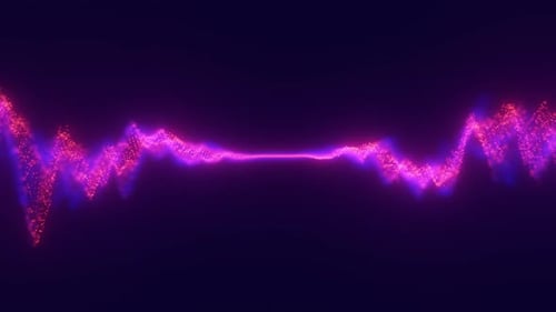 Audio Violett, Wellenform, digitaler Partikelbewegungsschleifenhintergrund, abstrakte Musik, Punktwellen-Equalizer