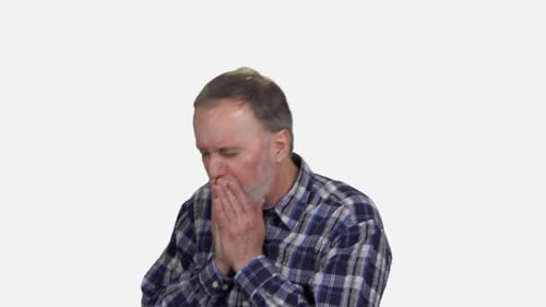 Man Coughing Due to Illness on White Background