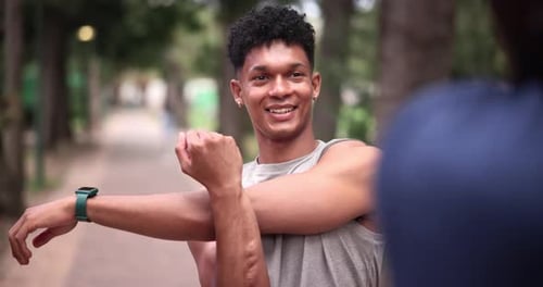 Nature, health and man stretching arms for exercise in outdoor park, field or garden