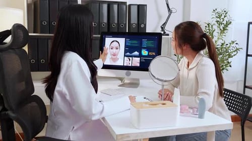 Asian woman doctor touching face of patient in clinic and discussing skin analysis on computer.