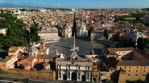 Cinematic Establishing Drone Shot Above Piazza del Popolo. Historic Rome, Italy