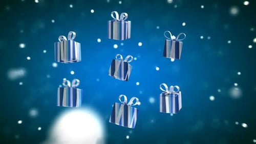 Animated Blue Gift Boxes with Falling Snowflakes Background