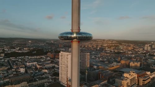 Magical Sunset Aerial Video of British Airways I360 Viewing Tower Pod with Tourists in Brighton
