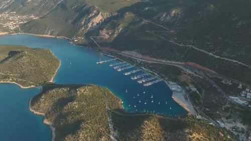 Aerial View Beautiful Marina in Ka Town Antalya Region Full of Luxury Yachts