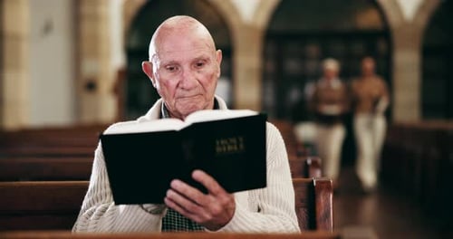 Bible, prayer and senior man in church with faith, gratitude or spiritual respect in meditation