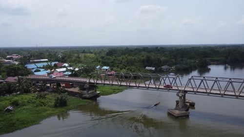 Aerial view of the large river in Margasari, South Kalimantan, housing on the banks of the Margasari