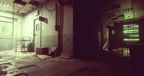 Abandoned Corridor with Dim Lighting and Scattered Debris in an Old Building