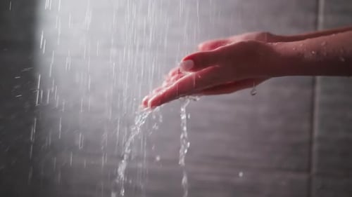 Adult Woman's Hands in Streaming Shower Water