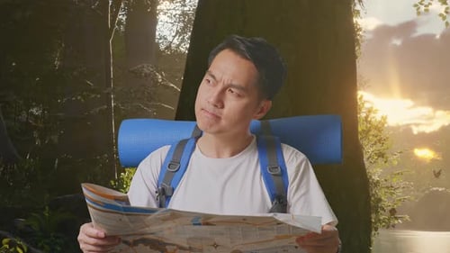 Close Up Of Asian Male Looking At The Map Then Looking Around While Exploring Nature