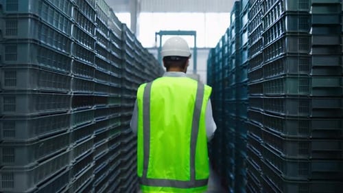 Storehouse Employee Inspecting Boxes Counting Distribution Package in Storage. Hardworking Green Uni