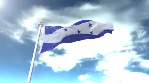 Honduras National Flag Waving in Realistic Fabric Against a Cloudy Sky