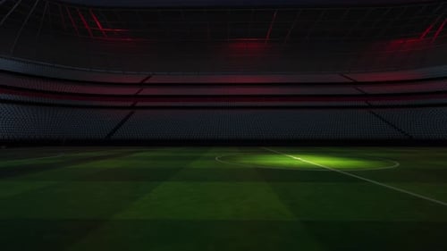 Estadio de fútbol por la noche. Se modela y renderiza un estadio imaginario, renderización 3D