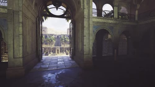 Ancient Doorway Reveals Luminous Courtyard with Distant Columns and Shadows