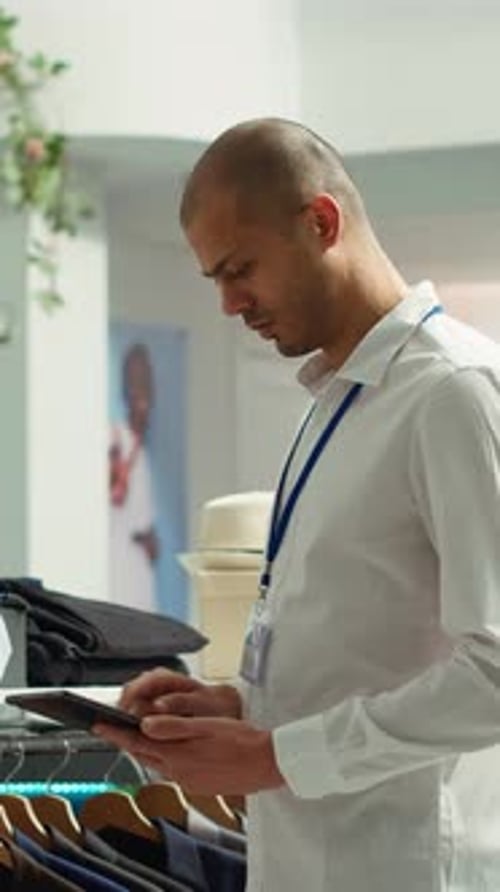 Der Assistent eines Einzelhandelsgeschäfts mit vertikalem Video überprüft den Bekleidungsbestand auf einem Tablet in einer Boutique im Einkaufszentrum