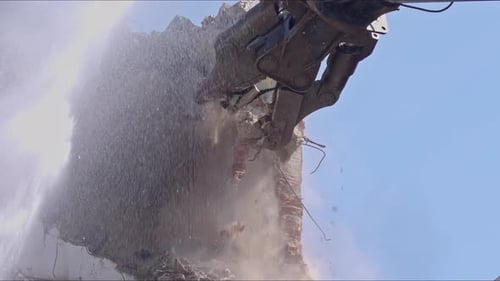 Old Building Demolition With Excavator Close Up