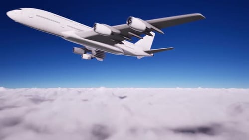Realistic Airplane Flying Above Clouds in Blue Sky
