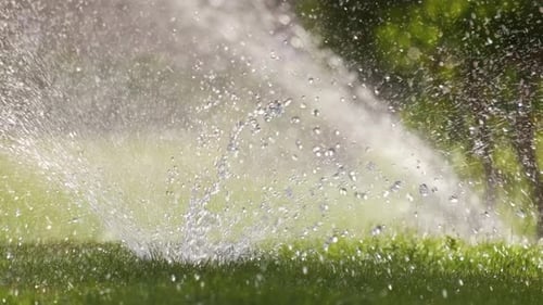 Aspersor de plástico irrigando gramado com água no jardim de verão Regando vegetação verde Escavação